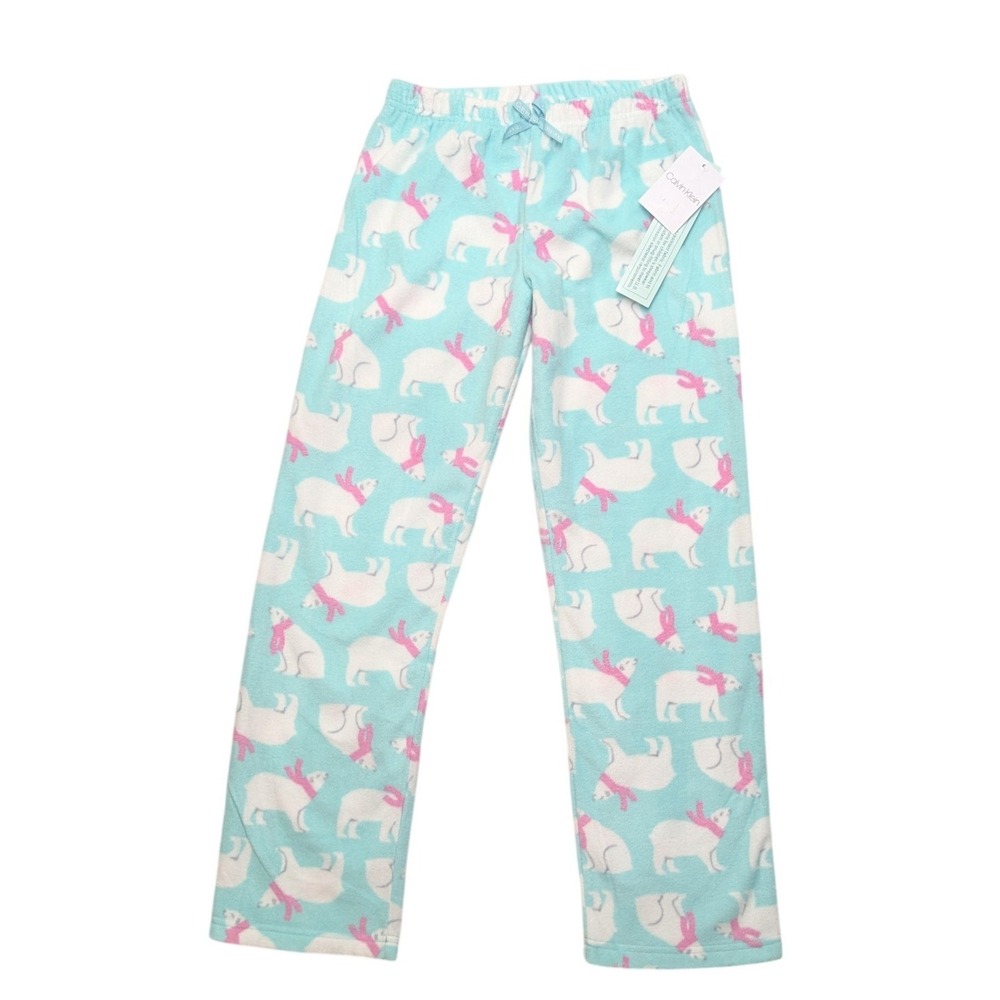 NWT Calvin Klein Pajama Pants Girl L 10-12 Aqua Blue Polar Bear Fleece Sleepwear
